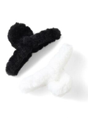 Faux Fur Fuzzy Hair Clips - Set Of 2 - BLK/WH  Nollia - NWT In Packaging